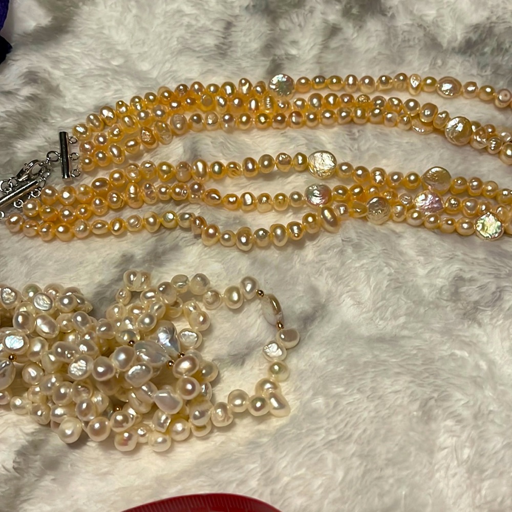 3 strands peach cultured pearls